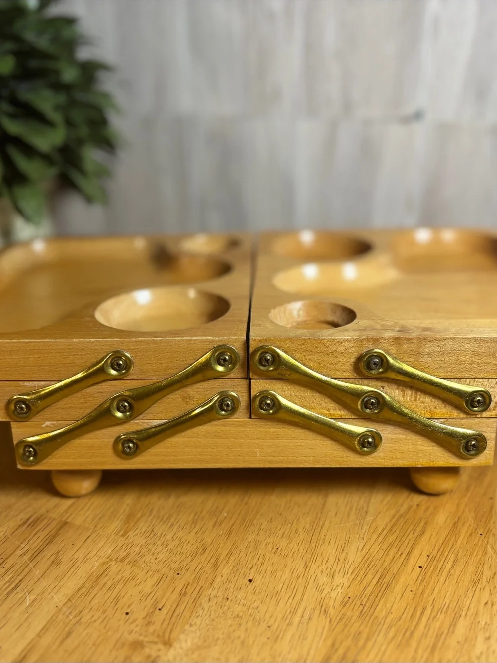 Vintage Expandable Wooden Relish Tray Mid-Century Snack Server Folding Tray